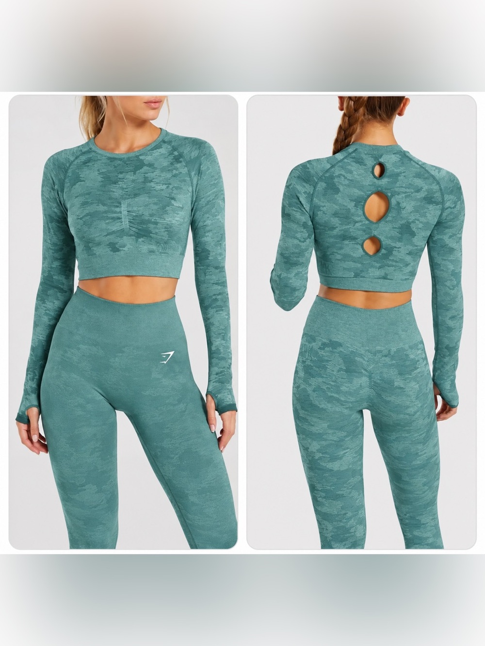 Gymshark Adapt Teal Camo Seamless Long-Sleeve Crop Top